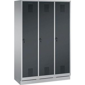 Garderobenspind Evolo S 3000, Stahl, mit Sockel, 3 Abteile mit jeweils B 400 mm, Drehriegel, weißaluminium RAL 9006/anthrazit RAL 7016