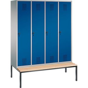 Garderobenspind Evolo S 3000, Stahl, Sitzbank, 4 Abteile mit jew. B 400 mm, Drehriegel, weißaluminium RAL 9006/enzianblau RAL 5010