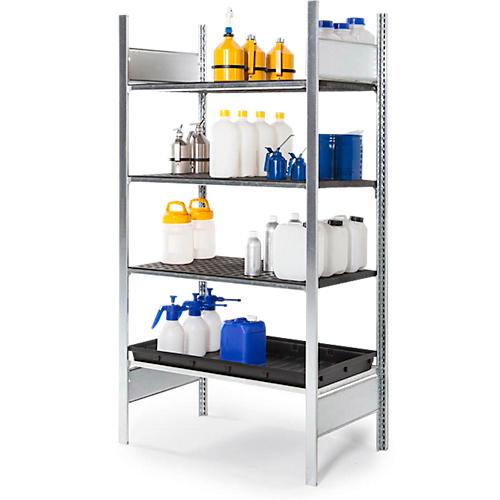 Gefahrstoffregal asecos RSG-K 1064, B 1060 x T 640 x H 2000 mm, mit 28 l Auffangwanne und 3 Gitterostböden aus Polyethylen