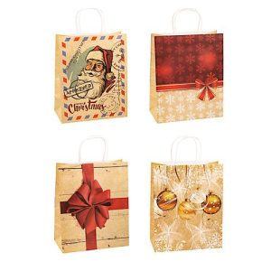 Geschenktüten Weihnachten TSI Serie 4, 4 verschiedene Motive, groß, B 260 x T 135 x H 320 mm, 100 % recycelbar, Kraftpapier, beige-rot, 12 Stück