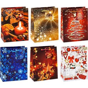 Geschenktüten Weihnachten TSI Serie 8, 6 verschiedene Motive, mit Griffkordel, medium, B 180 x T 100 x H 230 mm, farbsortiert, 12 Stück