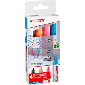 Glasmarker edding 95, für Glasoberflächen & Whiteboards, Strichbreite 1,5-3 mm, runde Spitze, 4er Set, Schwarz, Hellblau, Pink und Orange