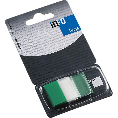 Haftnotizen INFO FLAGS, Z-Faltung, beschreibbar, selbstklebend, ablösbar, lösungsmittelfrei, 50 Blatt mit Spender, B 43 x H 25 mm, grün-transparent