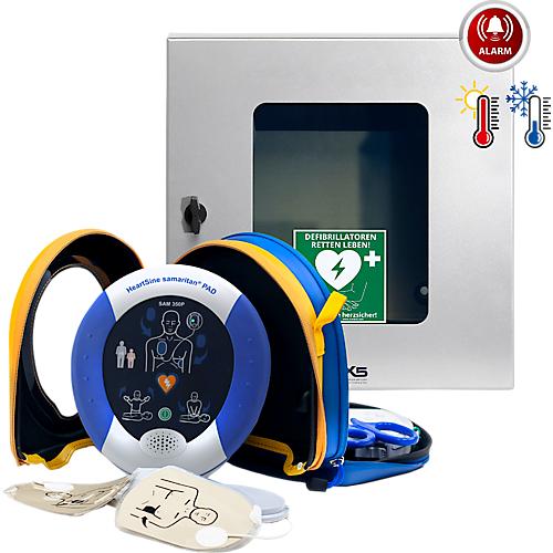 HeartSine SAM350P Defibrillator, AED, mit manueller Schockabgabe, 4 Jahre Allgefahren-Zusatzversicherung, klimatisierter Außenwandkasten mit Standortmarkierung, Erste-Hilfe-Set