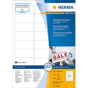 Herma ablösbare Etiketten Nr. 10300 auf DIN A4-Blättern, 2700 Etiketten, 100 Bogen