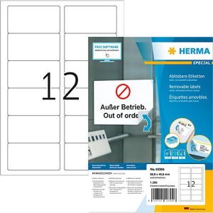 Herma Adressetiketten Special Nr. 10304, 88,9 x 46,6 mm, selbstklebend, ablösbar, bedruckbar, weiß, 1200 Stück auf 100 Blatt