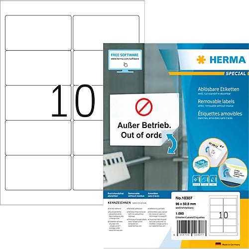Herma Adressetiketten Special Nr. 10307, 96 x 50,8 mm, selbstklebend, ablösbar, bedruckbar, weiß, 1000 Stück auf 100 Blatt