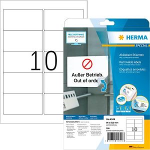 Herma Etiketten Nr. 4349, 96 x 50,8 mm, ablösbar, selbstklebend, sichere Haftung, Papier, weiß, 250 Stück Herma Etiketten Nr. 4349, 96 x 50,8 mm, ablösbar, selbstklebend, sichere Haftung, Papier, weiß, 250 Stück