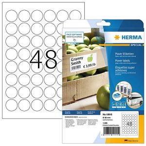 Herma Power-Etiketten Nr. 10915, rund, Ø 30 mm, selbstklebend, extrem stark haftend, Papier, matt, 1200 Stück