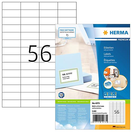Herma Premium-Adressetiketten Nr. 4273, 52,5 x 21,2 mm, selbstklebend, permanenthaftend, bedruckbar, Papier, weiß, 5600 Stück auf 100 Blatt