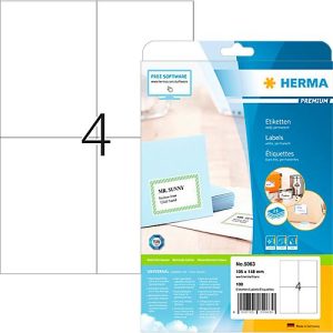Herma Premium-Adressetiketten Nr. 5063, 105 x 148 mm, selbstklebend, permanenthaftend, bedruckbar, Papier, weiß, 100 Stück auf 25 Blatt