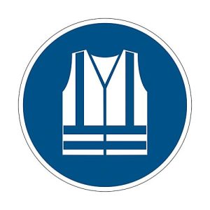 Hinweisschild Durable, rund, für den Innenbereich, Motiv „Warnweste benutzen“, EN ISO 7010, selbstklebend, blau-weiß, 1 Stück