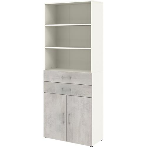 Home Office Kombischrank TEMPIO, aus Holz, 2 Türen, 2 Einschübe, 6 OH, B 800 x T 340 x H 2130 mm, weiß/Beton