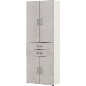 Home Office Schrank TEMPIO, aus Holz, 4 Türen, 2 Schubkästen, 6 OH, B 800 x T 340 x H 2130 mm, weiß/Beton
