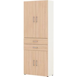 Home Office Schrank TEMPIO, aus Holz, 4 Türen, 2 Schubkästen, 6 OH, B 800 x T 340 x H 2130 mm, weiß/Sonoma Eiche