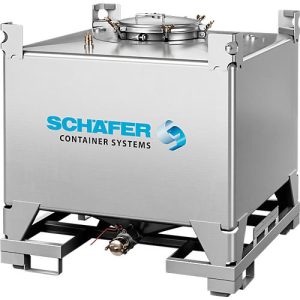 IBC-Container SCHÄFER Cube BTU PTFE, 1000 l, UN-Zulassung, Sicherheitsventil, stapelbar, auf Palette, Edelstahl 1.4404 (V4A), B 1150 x T 1150 x H 1160 mm