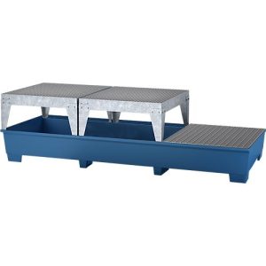 IBC-Station ASECOS, Stahl, mit Gitterrost, 2 Abfüllböcken u. Staplerschuhen, 1000 l Auffangvolumen, B 3280 x T 1300 x H 820 mm, lackiert IBC-Station ASECOS, Stahl, mit Gitterrost, 2 Abfüllböcken u. Staplerschuhen, 1000 l Auffangvolumen, B 3280 x T 1300 x H 820 mm, lackiert