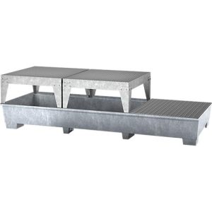 IBC-Station ASECOS, Stahl, mit Gitterrost, 2 Abfüllböcken u. Staplerschuhen, 1000 l Auffangvolumen, B 3280 x T 1300 x H 820 mm, verzinkt