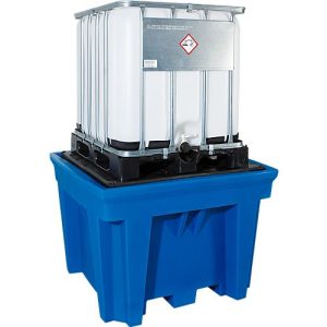 IBC – und KTC-Station asecos, für 1 Container, 1100 l, 1600 kg, Stellfläche, unterfahrbar, B 1430 x T 1430 x H 965 mm, Polyethylen, blau
