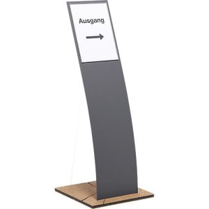 Infoständer, Segelform, für Dokumente bis A4, B 360 x T 360 x H 960 mm, Hirnholz-Eiche/Acrylglas, grau-matt