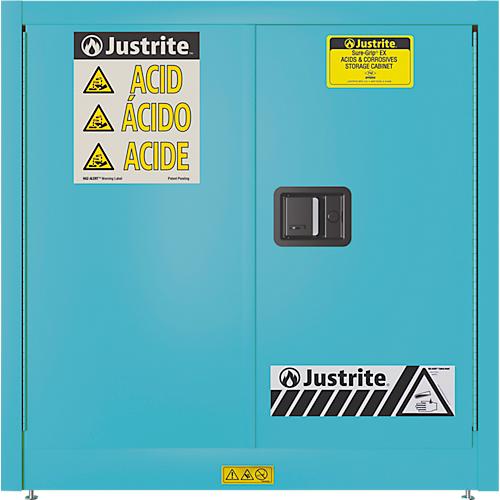 Justrite FM-Chemikalienschrank Undercounter Sure-Grip® EX, für Ätzmittel, bis 83 Liter, manuell schließende Türen, blau
