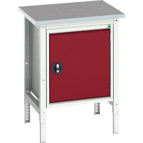 Kastenwerkbank Bott verso, Linoleum-Platte, 1 Tür, 1 Ablageboden, B 700 x T 600 x H 780 - 930 mm, Lichtgrau / Purpurrot