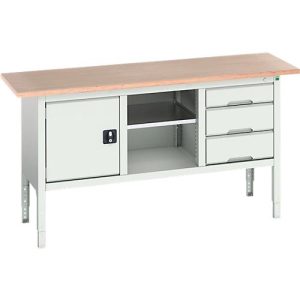 Kastenwerkbank Bott verso, mit Multiplex-Platte, 3 Schubladen & 1 Ablageboden & 1 Tür, B 1750 x T 600 x H 830 – 930 mm, RAL 7035 Lichtgrau Kastenwerkbank Bott verso, mit Multiplex-Platte, 3 Schubladen & 1 Ablageboden & 1 Tür, B 1750 x T 600 x H 830 – 930 mm, RAL 7035 Lichtgrau