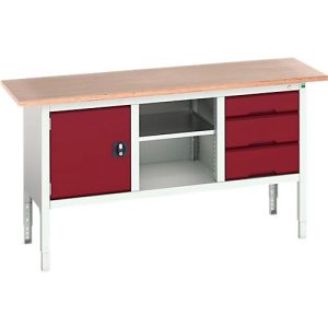 Kastenwerkbank Bott verso, mit Multiplex-Platte, 3 Schubladen & 1 Ablageboden & 1 Tür, B 1750 x T 600 x H 830 – 930 mm, RAL 7035 Lichtgrau / RAL 3004 Purpurrot Kastenwerkbank Bott verso, mit Multiplex-Platte, 3 Schubladen & 1 Ablageboden & 1 Tür, B 1750 x T 600 x H 830 – 930 mm, RAL 7035 Lichtgrau / RAL 3004 Purpurrot