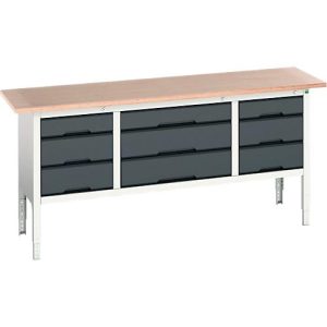 Kastenwerkbank Bott verso, mit Multiplex-Platte, 9 Schubladen, B 2000 x T 600 x H 830 – 930 mm, Lichtgrau RAL 7035 /6 Anthrazitgrau RAL 701