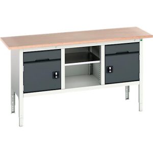 Kastenwerkbank Bott verso, Multiplex-Platte, 2 Schubladen, 1 Ablageboden, 2 Türen, B 1750 x T 600 x H 830 – 930 mm, Lichtgrau / Anthrazitgrau Kastenwerkbank Bott verso, Multiplex-Platte, 2 Schubladen, 1 Ablageboden, 2 Türen, B 1750 x T 600 x H 830 – 930 mm, Lichtgrau / Anthrazitgrau