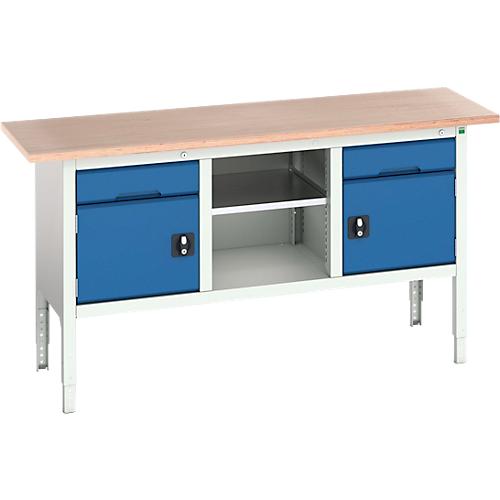 Kastenwerkbank Bott verso, Multiplex-Platte, 2 Schubladen, 1 Ablageboden, 2 Türen, B 1750 x T 600 x H 830 - 930 mm, Lichtgrau / Enzianblau