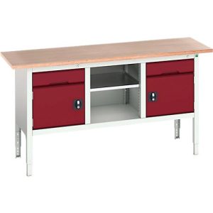 Kastenwerkbank Bott verso, Multiplex-Platte, 2 Schubladen, 1 Ablageboden, 2 Türen, B 1750 x T 600 x H 830 – 930 mm, Lichtgrau / Purpurrot Kastenwerkbank Bott verso, Multiplex-Platte, 2 Schubladen, 1 Ablageboden, 2 Türen, B 1750 x T 600 x H 830 – 930 mm, Lichtgrau / Purpurrot