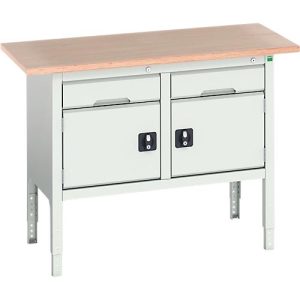 Kastenwerkbank Bott verso, Multiplex-Platte, 2 Schubladen und 2 Türen, B 1500 x T 600 x H 830 – 930 mm, RAL 7035 Lichtgrau