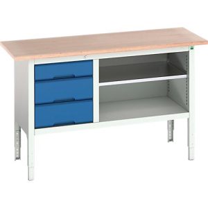 Kastenwerkbank Bott verso, Multiplex-Platte, 3 Schubladen & 1 Ablageboden, B 1500 x T 600 x H 830 – 930 mm, RAL 7035 Lichtgrau / Enzianblau