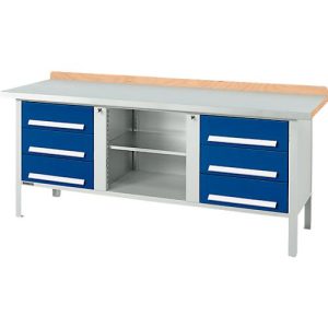 Kastenwerkbank Schäfer Shop Select PW 200-2, ESD, Buche Multiplexplatte, mit Stahlabdeckung, bis 750 kg, B 2000 x T 700 x H 840 mm, Enzianblau