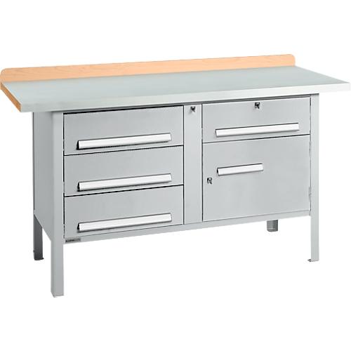 Kastenwerkbank Schäfer Shop Select PWi 150-5, ESD, Buche Multiplexplatte, mit Stahlabdeckung, bis 750 kg, B 1500 x T 700 x H 840 mm, Weißaluminium