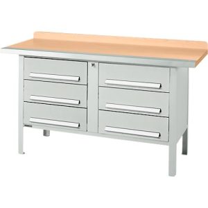 Kastenwerkbank Schäfer Shop Select PWi 150-6, Buche Multiplexplatte, mit Stahlkante, bis 750 kg, B 1500 x T 700 x H 840 mm, Lichtgrau