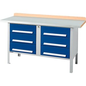 Kastenwerkbank Schäfer Shop Select PWi 150-6, ESD, Buche Multiplexplatte, mit Stahlabdeckung, bis 750 kg, B 1500 x T 700 x H 840 mm, Enzianblau