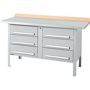 Kastenwerkbank Schäfer Shop Select PWi 150-6, ESD, Buche Multiplexplatte, mit Stahlabdeckung, bis 750 kg, B 1500 x T 700 x H 840 mm, Weißaluminium