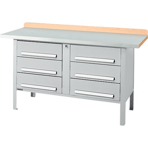 Kastenwerkbank Schäfer Shop Select PWi 150-6, ESD, Buche Multiplexplatte, mit Stahlabdeckung, bis 750 kg, B 1500 x T 700 x H 840 mm, Weißaluminium
