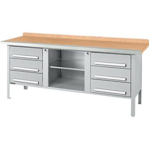 Kastenwerkbank Schäfer Shop Select PWi 200-2, Buche Multiplexplatte, mit Stahlkante, bis 750 kg, B 2000 x T 700 x H 840 mm, Weißaluminium