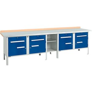 Kastenwerkbank Schäfer Shop Select PWi 300-0, ESD, Buche Multiplexplatte, mit Stahlabdeckung, bis 750 kg, B 3000 x T 700 x H 840 mm, Enzianblau