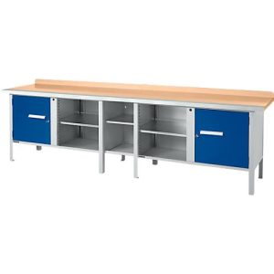 Kastenwerkbank Schäfer Shop Select PWi 300-1, Buche Multiplexplatte, mit Stahlkante, bis 750 kg, B 3000 x T 700 x H 840 mm, Enzianblau