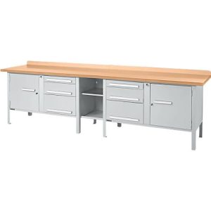 Kastenwerkbank Schäfer Shop Select PWi 300-2, mitteldichte Faserplatte (MDF), bis 750 kg, B 3000 x T 680 x H 838 mm, Weißaluminium