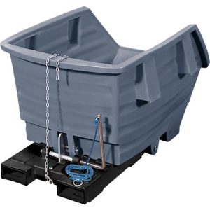 Kippbehälter, Polyethylen, grau, B 1150 x T 1650 x H 890 mm, 750 l, Schüttkanthöhe 520 mm, bis 250 kg, Kipp-Arretierungsvorrichtung