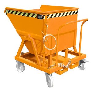 Kippmulde Bauer KS 400, Stahl, orange, B 1220 x T 1200 x H 1115 mm, 400 l, bis 1000 kg, Rollen, Manuelle Kippvorrichtung