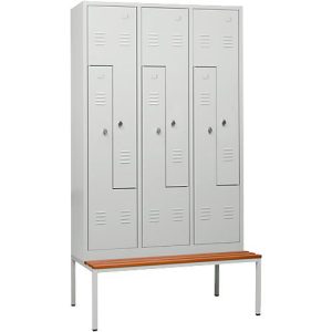 Kleiderspind, 6 Abteile, mit Sitzbank, 6 Fächer, mit Z-Türen, Drehriegelverschluss, lichtgrau