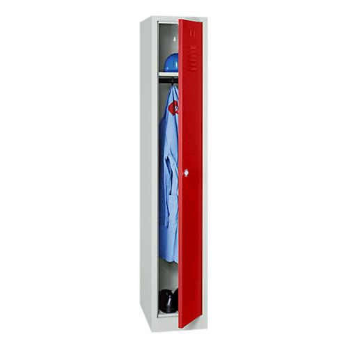 Kleiderspind, B 300 x H 1800 mm, lichtgrau/feuerrot RAL 7035/3000, Zylinderschloss