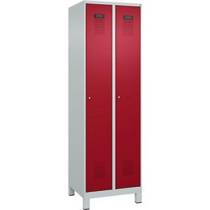 Kleiderspind C+P Evolo Plus, 2 Abteile, 300 mm Abteilbreite, mit Füßen, Anschlag rechts, Zylinderschloss, B 600 x T 500 x H 1950 mm, lichtgrau/rubinrot