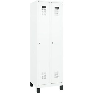 Kleiderspind C+P Evolo Plus, 2 Abteile, 300 mm Abteilbreite, mit Füßen, Anschlag rechts, Zylinderschloss, B 600 x T 500 x H 1950 mm, verkehrsweiß/verkehrsweiß